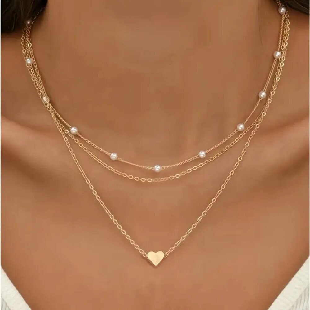 NEW 3pc set stackable necklaces, layered necklace, heart necklace, pearl, gold